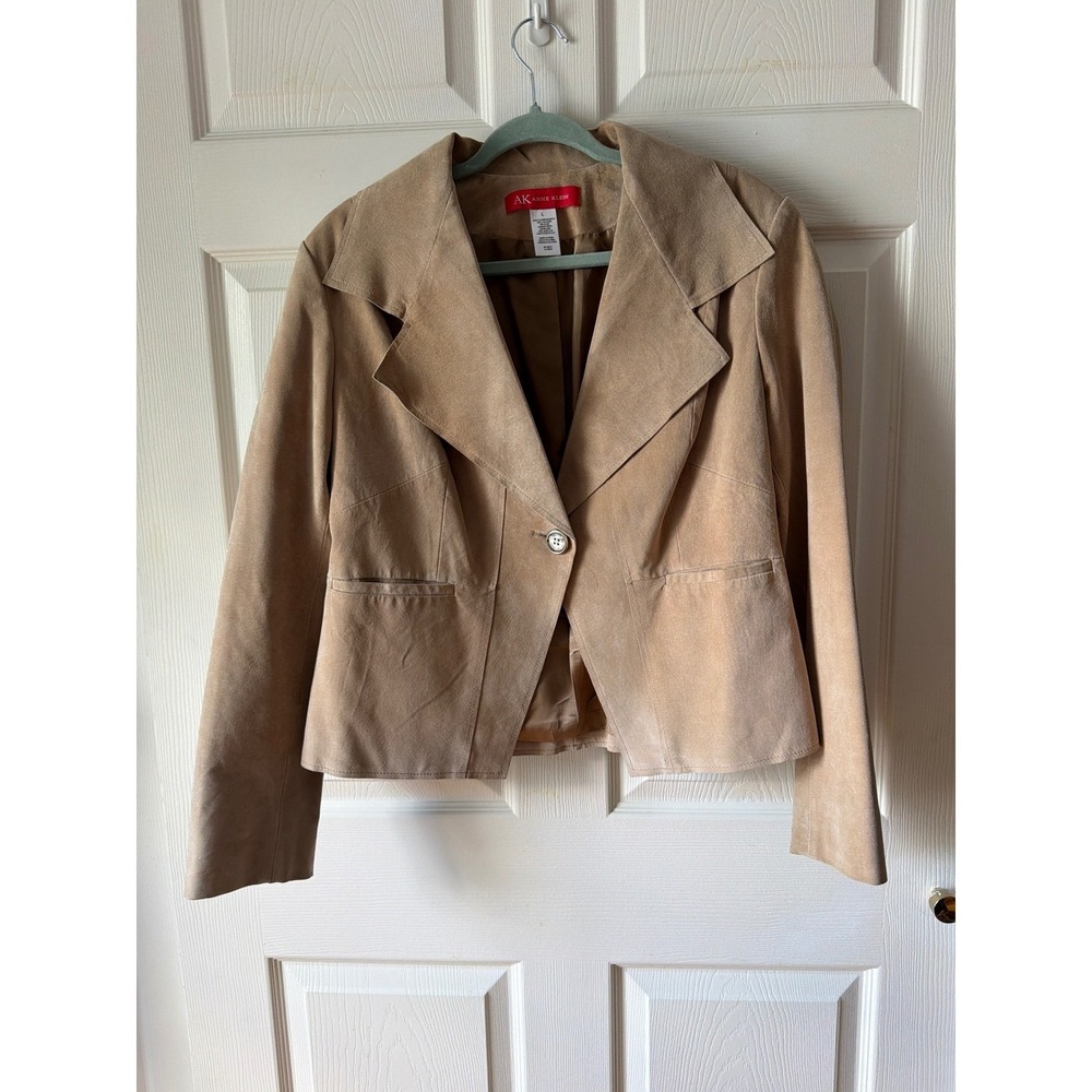 AK Anne Klein Suede Leather Blazer L Tan Single Button Professional structured